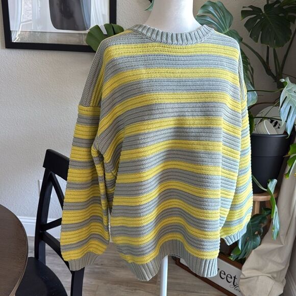 NWOT Free People Links Pullover Sweater Slouchy Knit Chunky Striped Yellow Gray - Picture 3 of 11